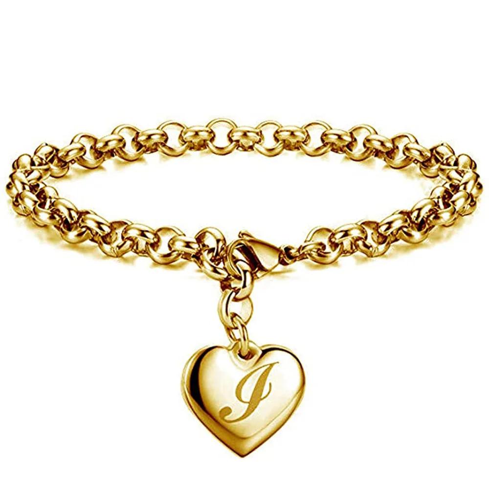 1 StückNeuer Goldfarbener Initialbuchstabe Herzanhänger Armbänder Für Frauen Edelstahl Gliederkettenarmband Mit 26 Buchstaben Graviert