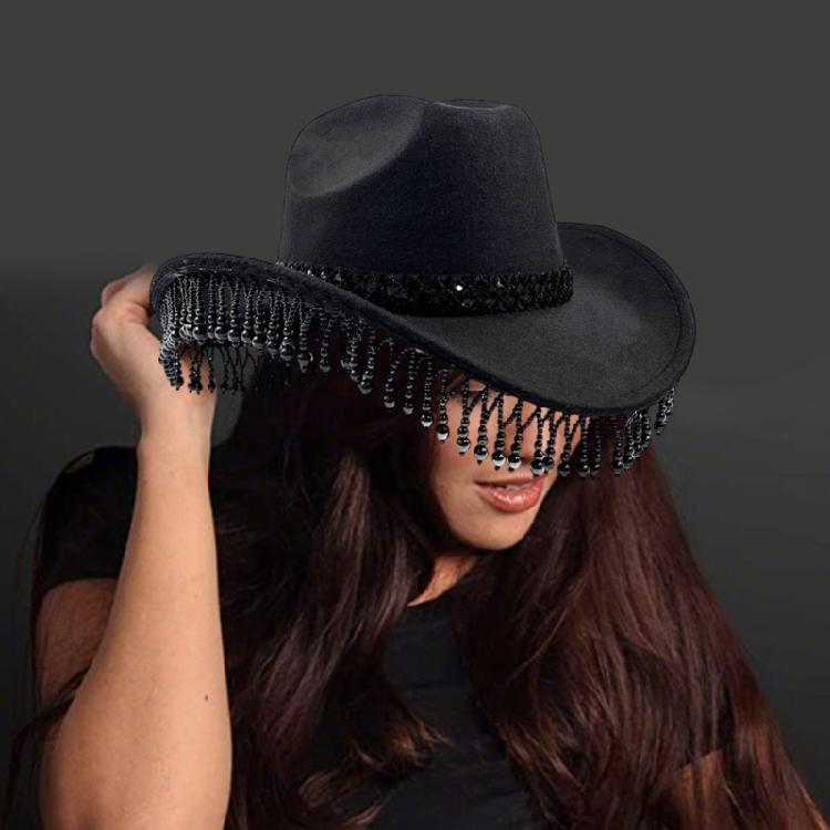 Cowgirls Hat Pearls Fringed Bandana Set for Women Classical Western Wide Brim Wesatern Hat Floral Scarf and Sunglasses