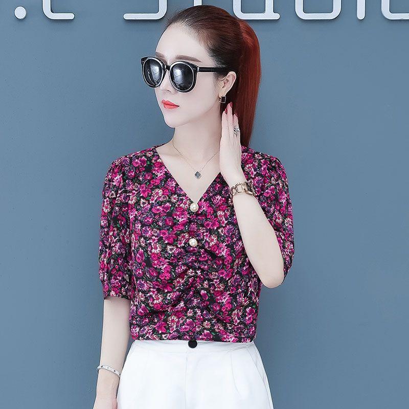 Floral Short Sleeve Chiffon Shirt for Women's Summer New Korean Version Top Loose V Neck Print Bottoming Blouse M-3XL