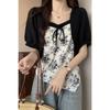 French Square Collar Floral Splicing Short-sleeved Shirt for Women In Summer Slimming Their Belly and Irregular Tops