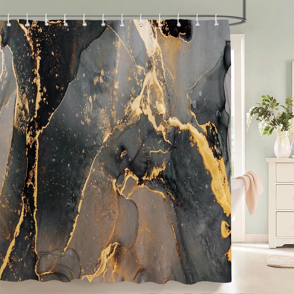 Gradient Marble Ink Texture Shower Curtain Waterproof Colorful Abstract Geometry Bath Curtain Bathroom Decor Curtain With Hooks