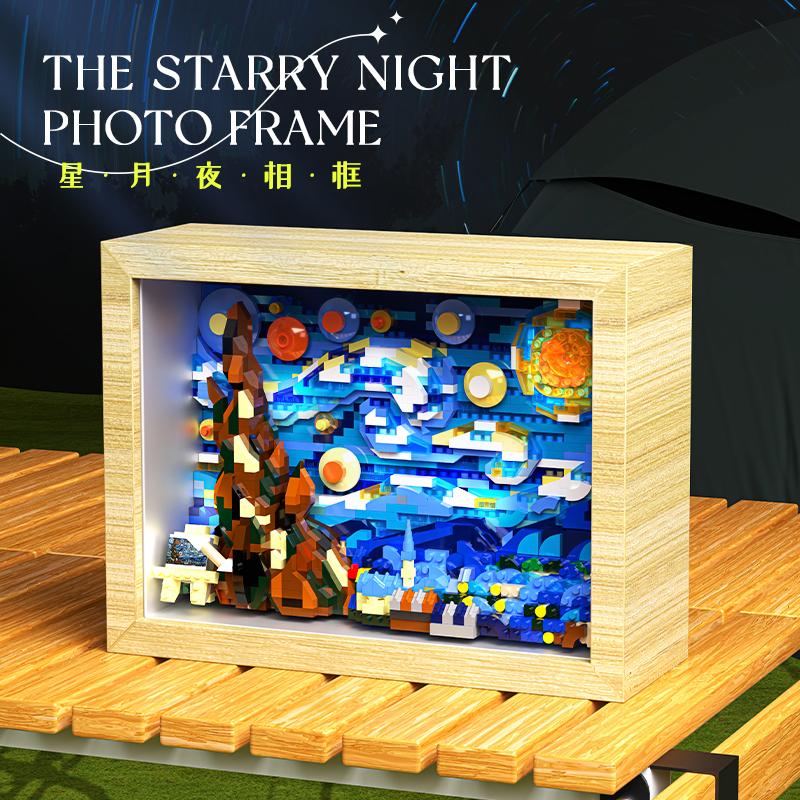 Creative Starry Moon Night Photo Frame 3D Micro Building Block World Famous Painting Ornament Brick With Lighting Kids Gifts Toy