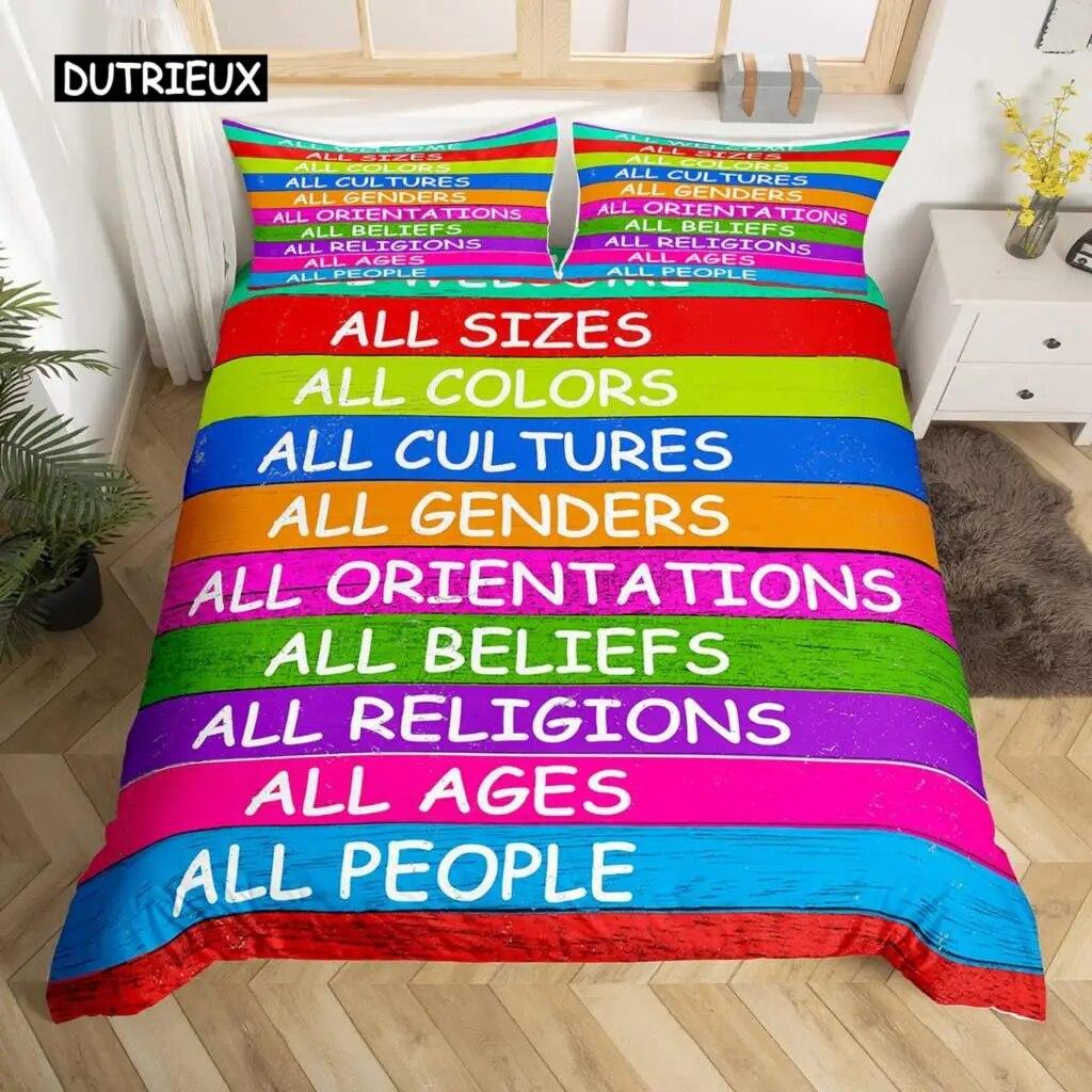„Love is Love“-Bettbezug, Regenbogen-Bettwäsche-Set, „Pride for Love“-Thema, romantischer Bettdeckenbezug, bunter Cartoon-Auto-Tagesdeckenbezug, dreiteiliges Set