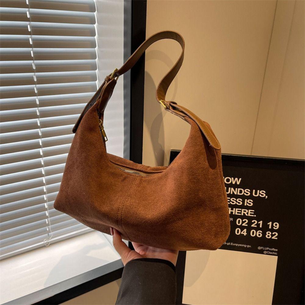 Large Capacity Hobo Bag Solid Color Tote Bag Simple Suede Shoulder Bag Autumn and Winter