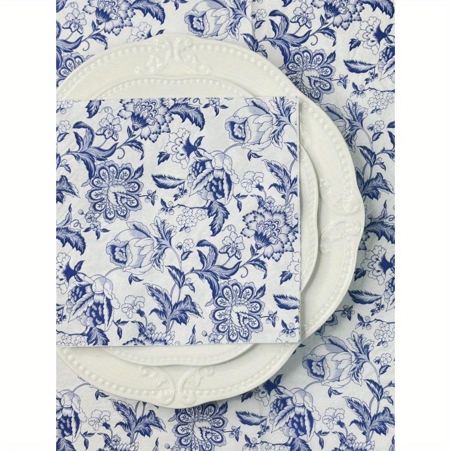 20pcs/Set Disposable Retro Blue Flower Printed Decoupage Napkins 13x13inch, Suitable for Weddings, Birthdays, Holidays