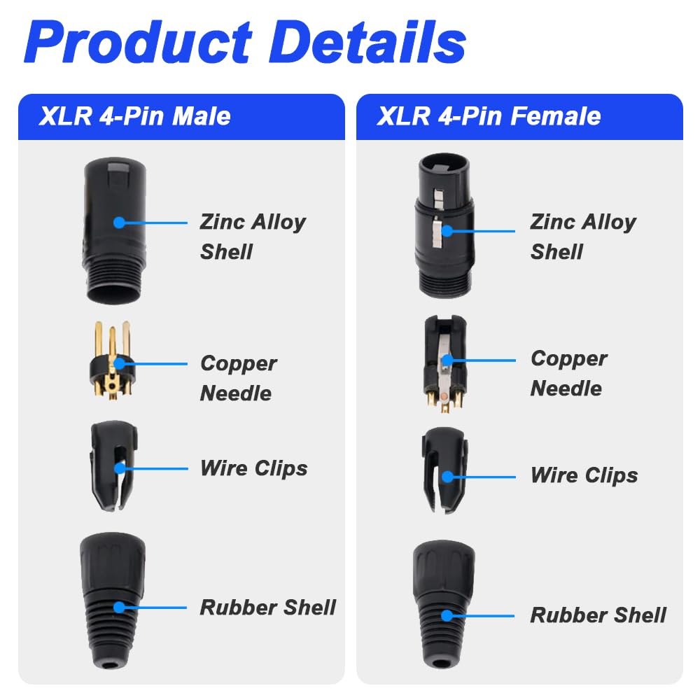 Xiatiaosann 4-Pin XLR Male & Female Microphone Snake Plug Audio Micro Connector for Mixers and Speakers, with 2 Pairs of 4-Pin XLR Male & Female Jack