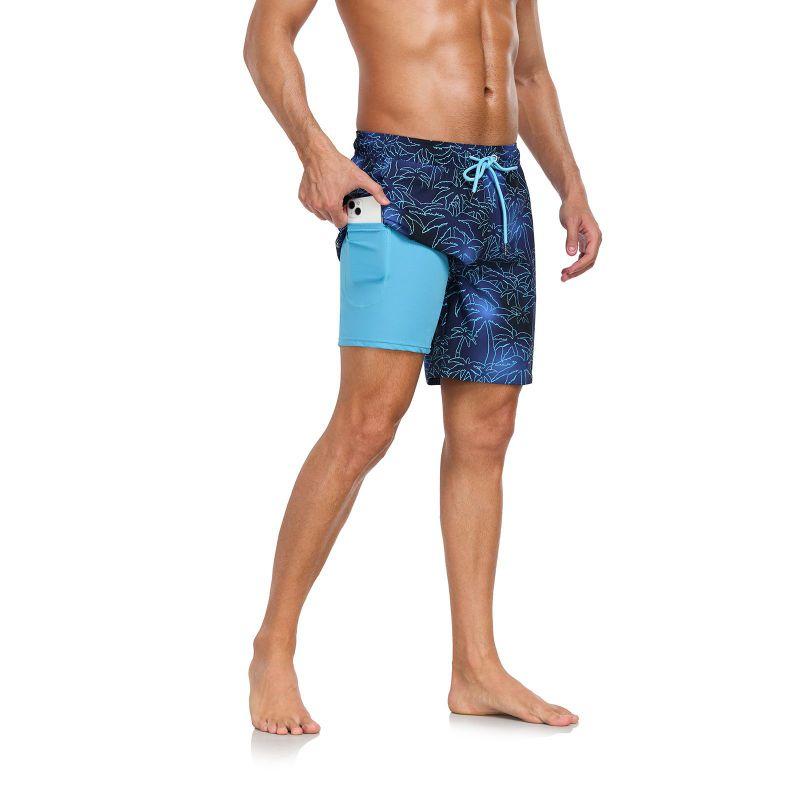 Men's Double-Layer Printed Beach Shorts Drawstring Swim Trunks
