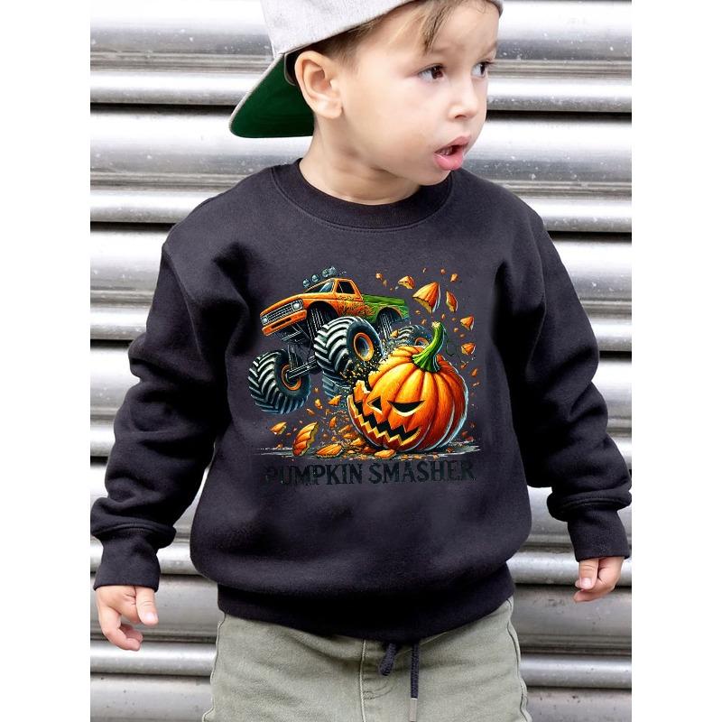 Kids Sweatshirt Autumn/Winter Fashion , "PUMPKIN SMASHER" Truck Pumpkin Print Loose Casual Long Sleeve Sweatshirt