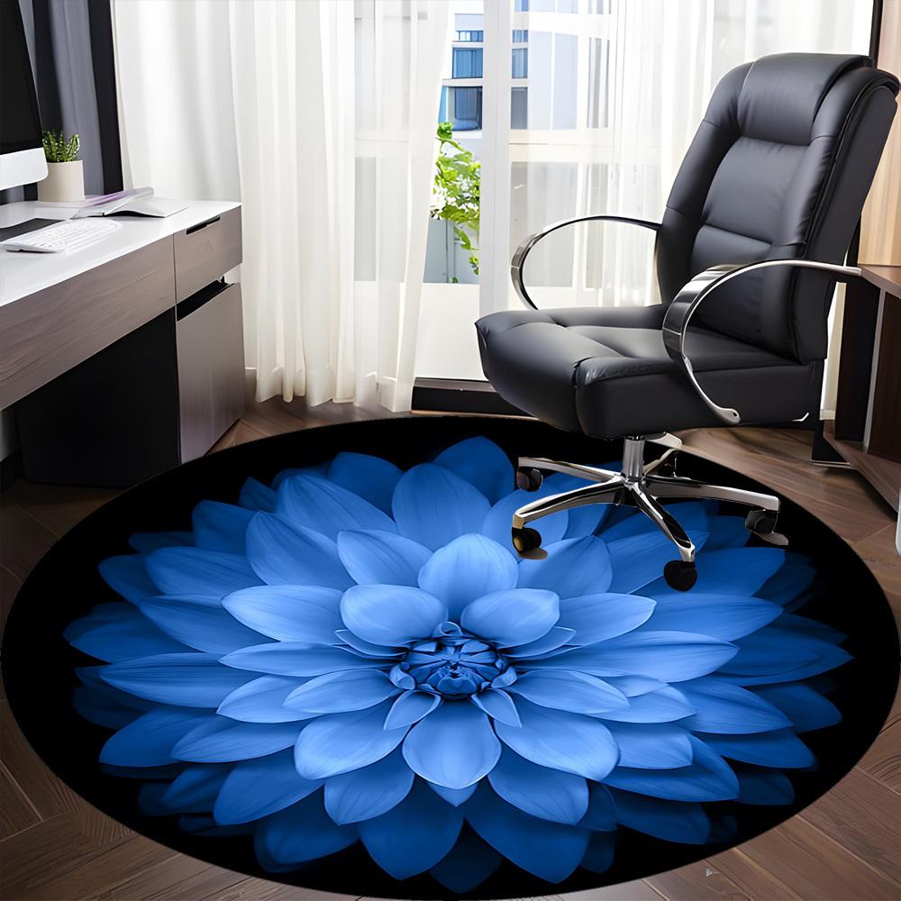 1 Stück Blauer Dahlien Teppich, Runder Rutschfester Langlebiger Großer Büroteppich, Geeignet für das Büro