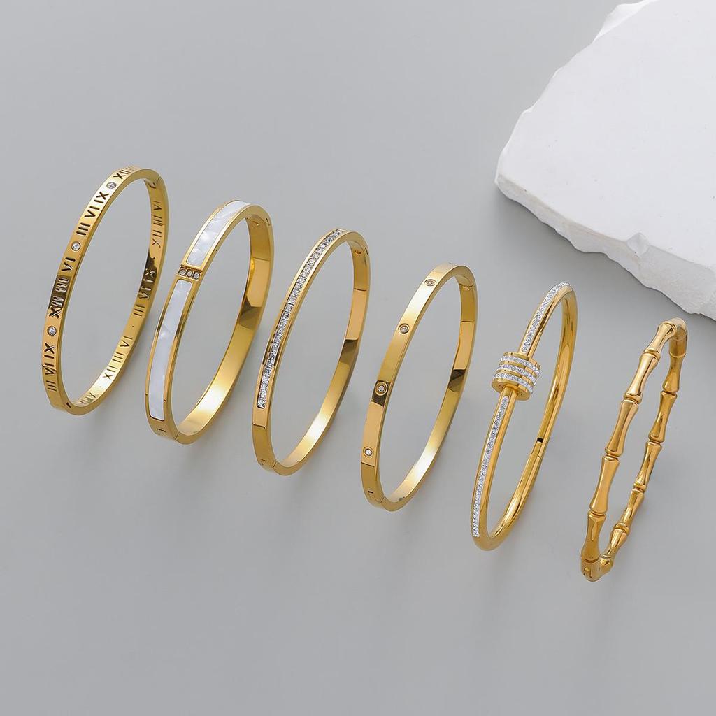 European & American Titanium Steel Hollow Electroplated Bangle with Diamonds - Versatile Stainless Steel Women's Fashion Jewelry