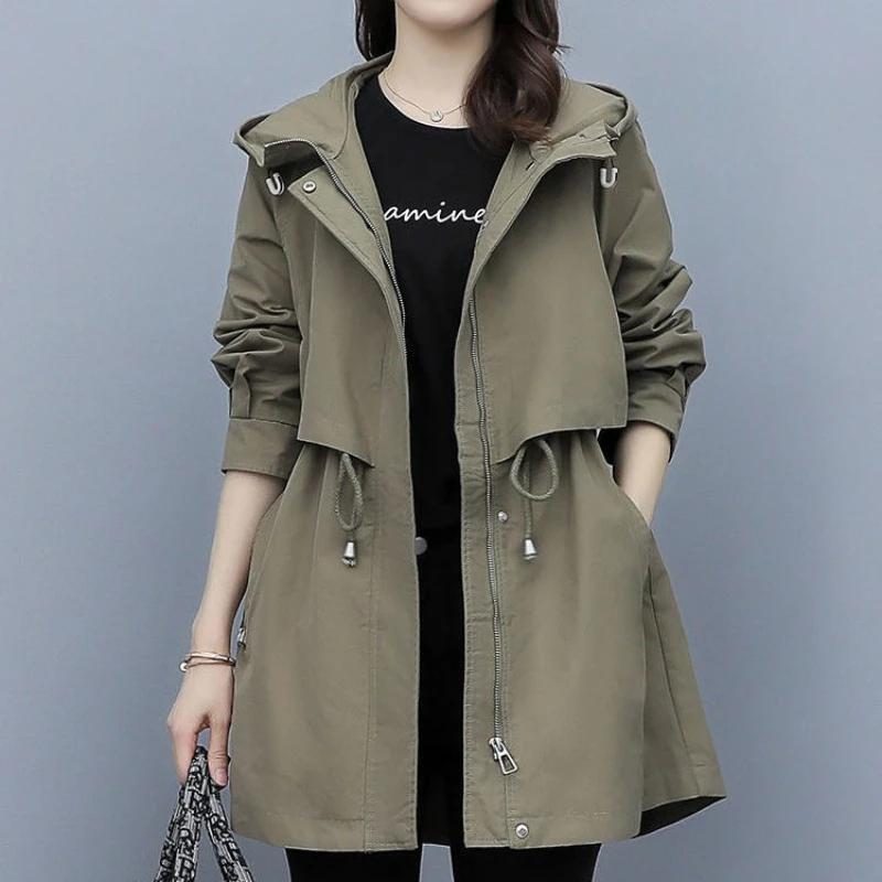 Spring and Autumn Women's Mid-length Trench Coat Hooded Zipper Tie-in Jackets British Style Loose Coats Women's Clothing