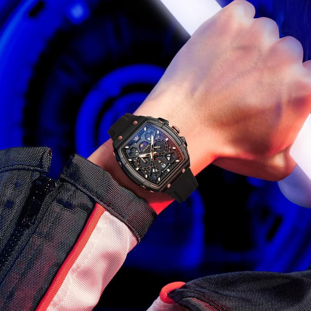OLEVS Men's Quartz Sports Watch Black Silica Gel Band Waterproof Chronograph Black Dial Silicone