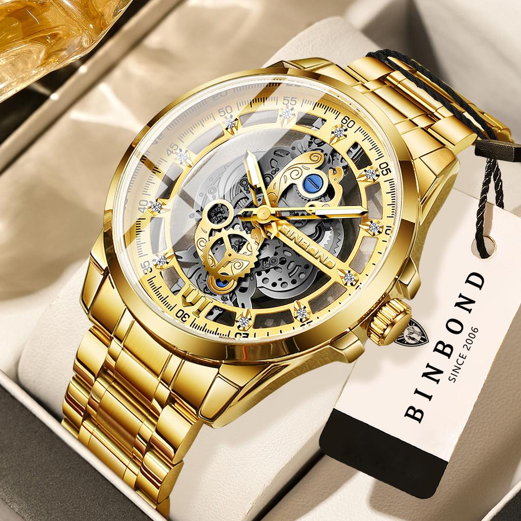 BINBOND Vintage Hollow-out Quartz Wristwatch For Men Luxury Luminous Waterproof Accurate Durable Men's Watch Casual Reloj