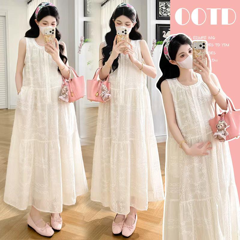 2026 Summer Fresh Sleeveless Hollow-Out Maternity Dress - New Korean Fashion Style M
