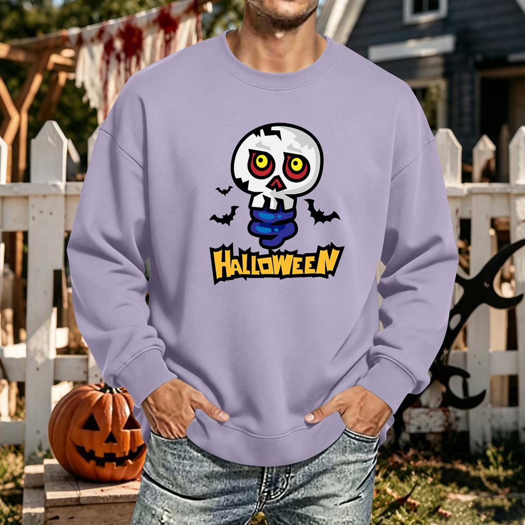 Men's Halloween Printed Long Sleeve T-Shirt Crewneck Casual Sports Top Unisex for Couples
