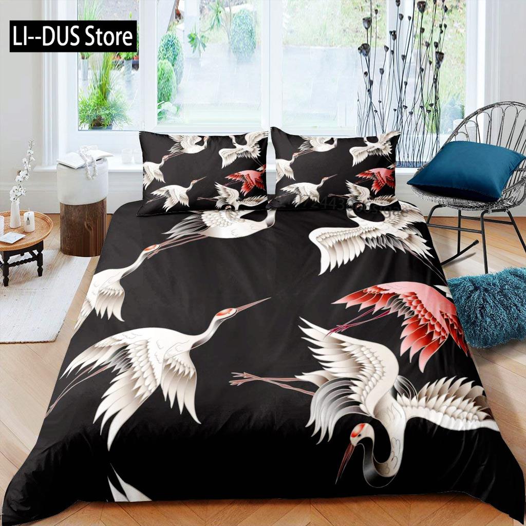 Comforter Crane Queen Size Japanese-Style Bedding Set Cherry Blossoms Pattern Women Girls Japanese Traditional
