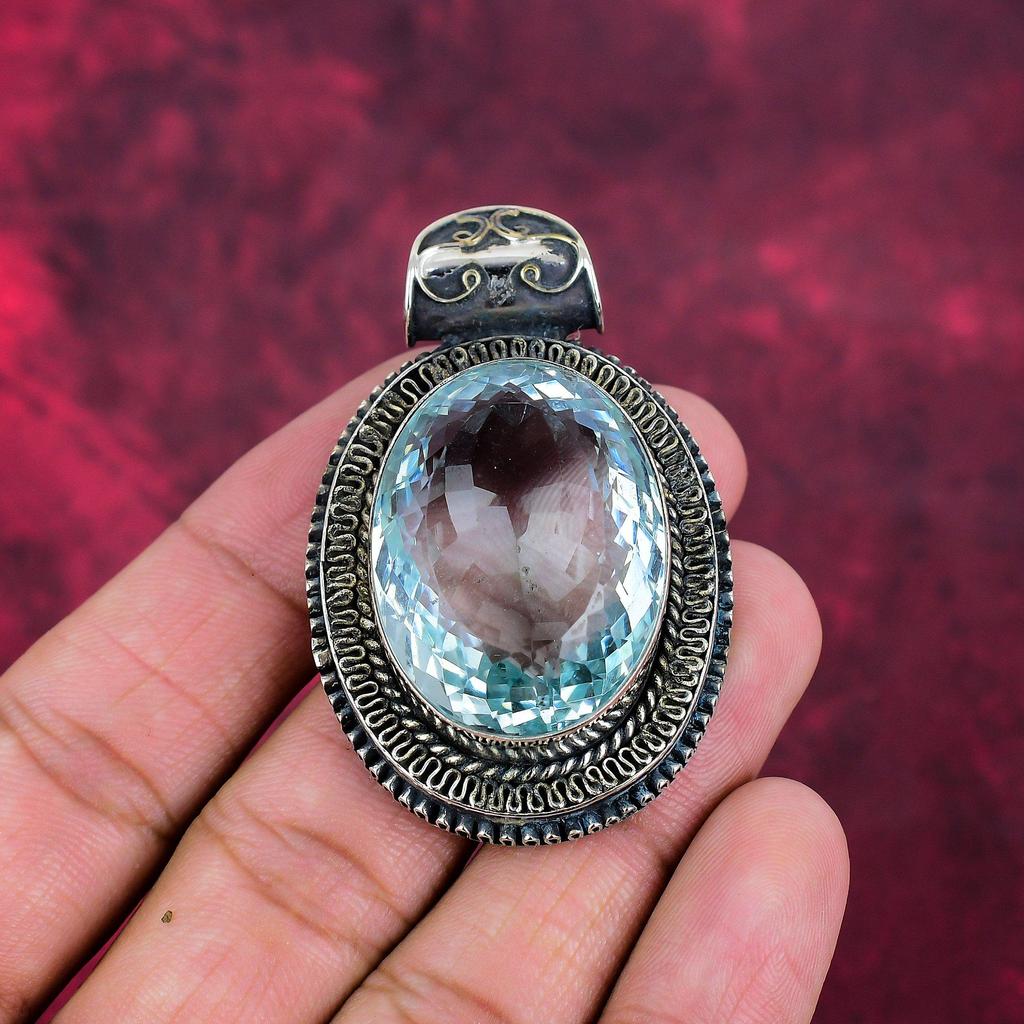 Blå Topas Hänge, 925 Massiv Sterling Silver Ädelstenssmycken, Handgjort Hänge, För Minnesdagen