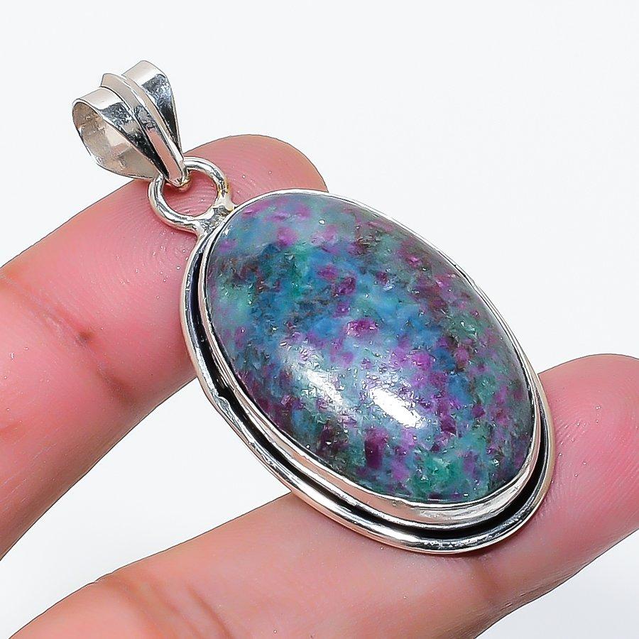 Natural Ruby Fuchsite Gemstone 925 Sterling Silver Jewelry Pendant 1.77" AP-15750