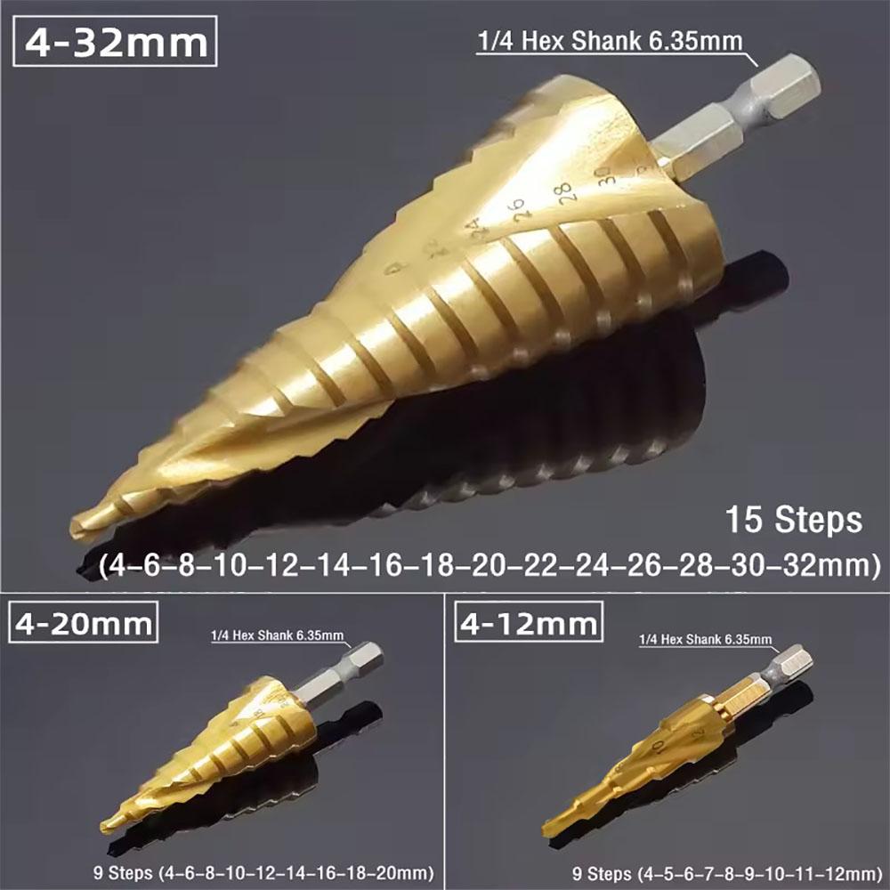 4-32mm/4-20mm/4-12mm HSS Titanium Coated Stepped Drill, Conical Drilling Tool Cutting Wood Holes and High Speed Steel Metal