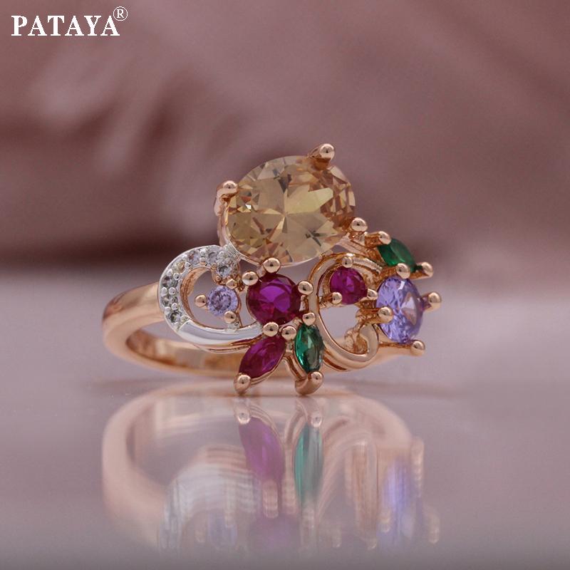 PATAYA Inlaid With Multicolored Artificial Zircon Earring Ring Combination Set