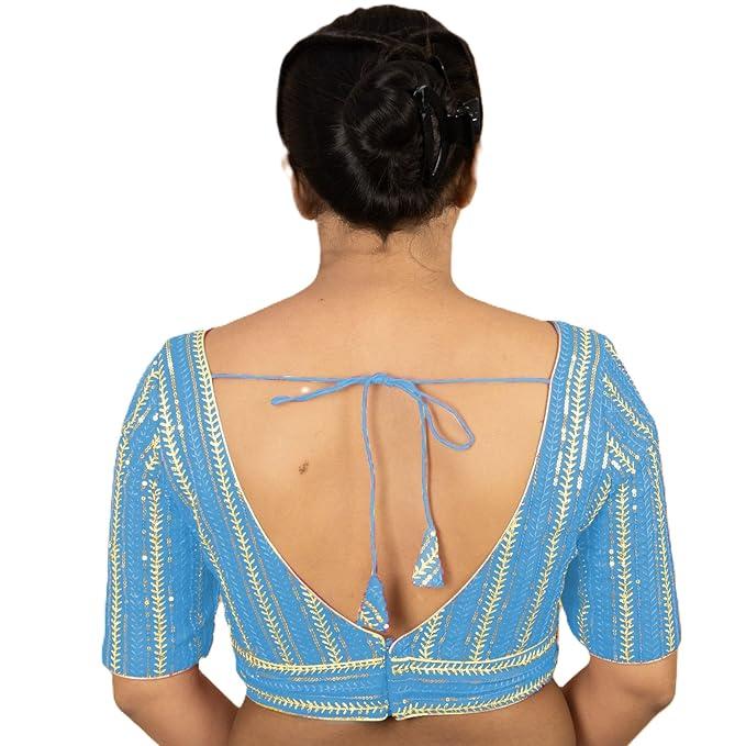 Wyszukana designerska bluzka dla kobiet do sari, lehengi i na festiwale ze złotym cekinowym haftem, dekolt w serek, żorżetowa bluzka, stylowa, gotowa do noszenia
