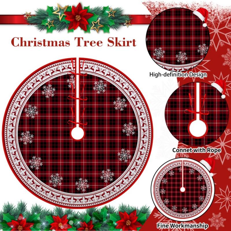 1pcChristmas Tree Skirt Snowflake Reindeer Red and Black Plaid Christmas Carpet Decoration Mall Window Christmas Tree Base Skirt