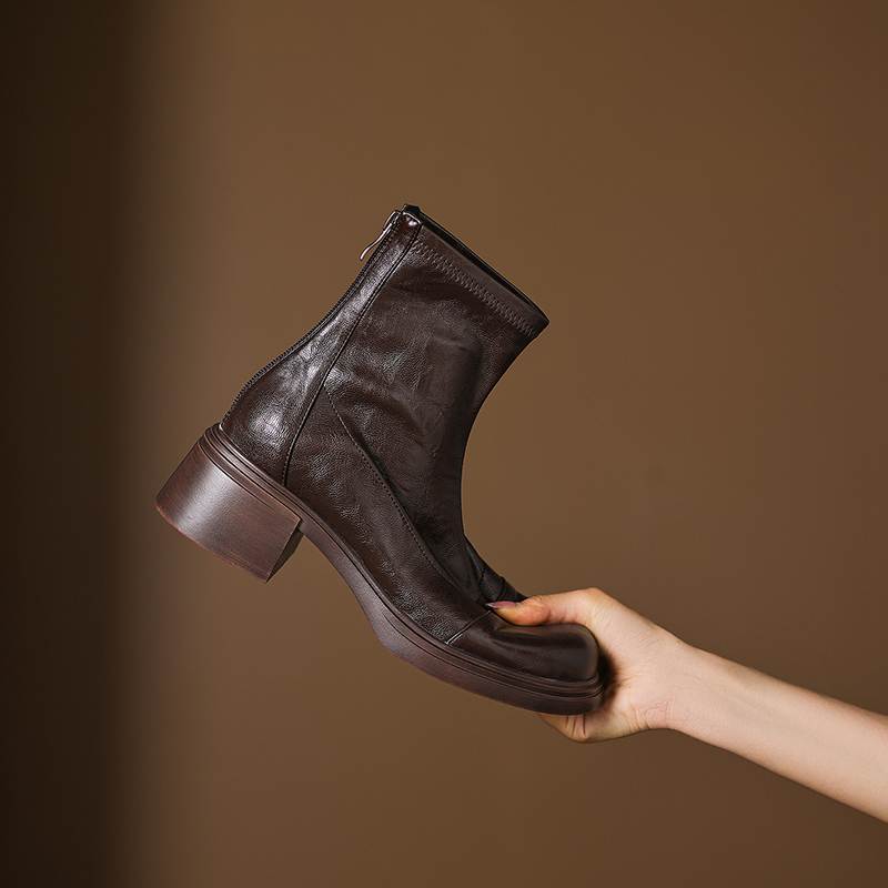 Krazing Pot Microfiber Round Toe Chunky Heels Motorcycle Boots Size 42 Zip Women Pleated Decoration Platform Ankle Boots