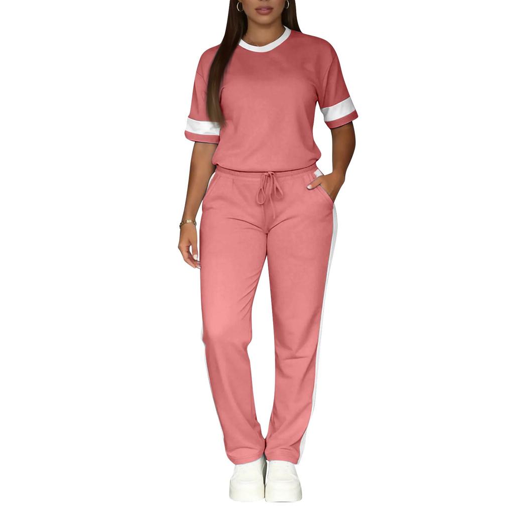 Women's 2-Piece Fashion Casual Short-Sleeve Top And Pants Set With Side Stripes And Color-Blocking