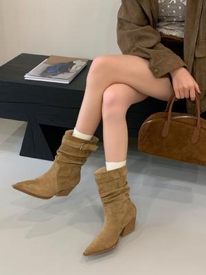 French Retro Pointed Suede Thick Heel Medium Boots Women's 2025 Autumn and Winter New Pleated Pile Boots Western Cowboy Boots