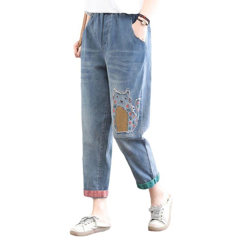 Dámské džíny Jaro/Léto Nová korejská edice Kreslená výšivka Záplata Devítibodové kalhoty Haremky