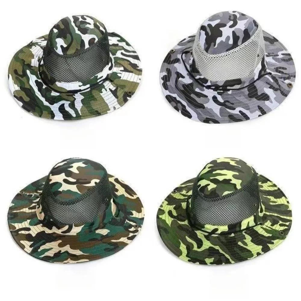 Camouflage Mesh Bucket Hats Wide Brim Beach Hat UV Protection Breathable Hunting Fishing Climbing Hiking Hat Outdoor Men Sun Hat