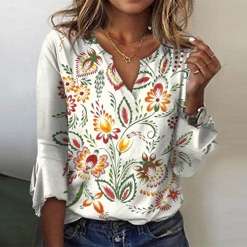 Women's Loose Casual Three-quarter Sleeves V-neck Lace Floral Print T-shirt Top