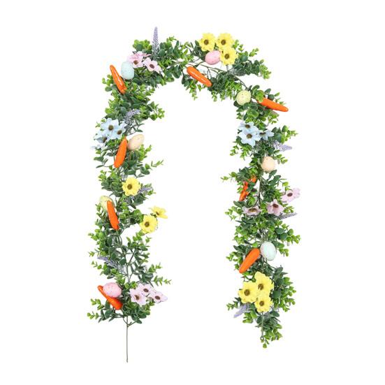 Easter Garland Artificial Spring Greenery Garland with Pastel Eggs Carrots Flowers for Farmhouse Indoor Mantle Fireplace Home Decor