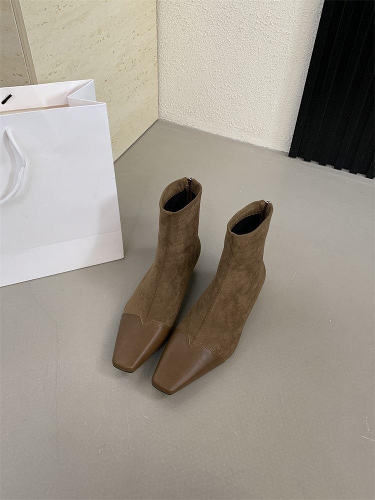 Low-heeled short boots Women's thick-heeled autumn and winter design sense Splicing square-headed thin boots and bare boots