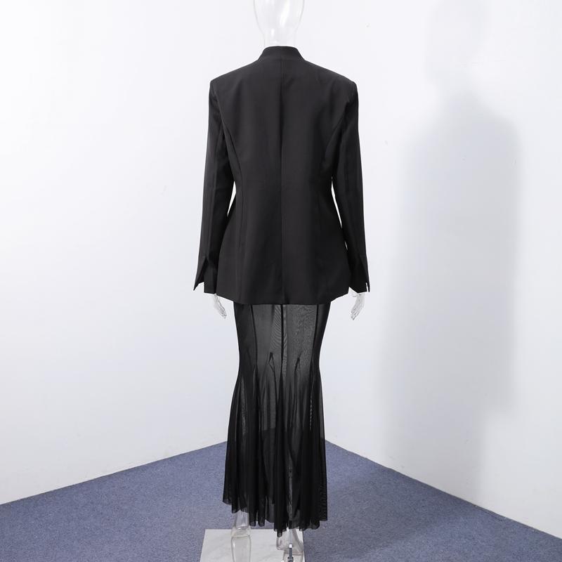 2025 Neuer Damen V-Ausschnitt Blazer Mantel Büro-Outfit Sexy Perspektive Mesh Slim Lange Röcke Anzug Elegant Einfarbig Club Party 2-teilige Sets