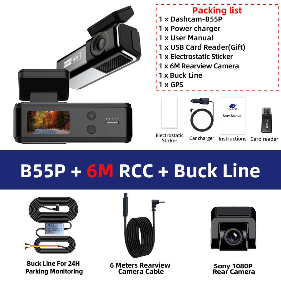 E-ACE Dash Cam 4K Black Box Mini Car Dvr 1080P Reverse Camera WIFI GPS Loop Recording 24H Parking Monitoring Video Recorder