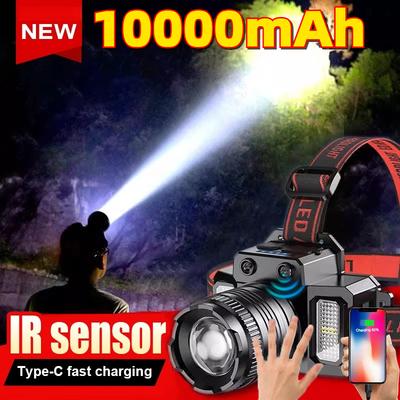 Lampada frontale LED Super Luminosa con Sensore IR da 10000 mAh, 6 Modalità, Ricarica Rapida Type-C, Lampada frontale ricaricabile, Lanterna da pesca per esterni
