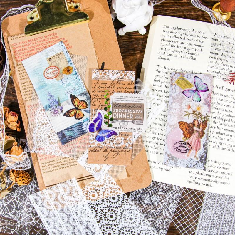 12 Sheets White Ink Lace PET Stickers, Vintage Transparent Decor, Journal DIY Waterproof Collage Material