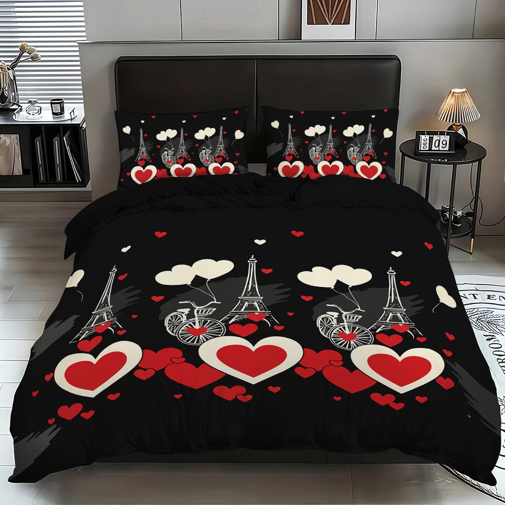 3pcs Heart pattern printed bedding set,1 quilt cover+2 pillowcase, suitable for couples and adults bedroom, home decoration