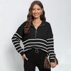 Women's pullover sweater European and American women's clothing knitted striped splicing semi-turtleneck zipper loose woven sweater top