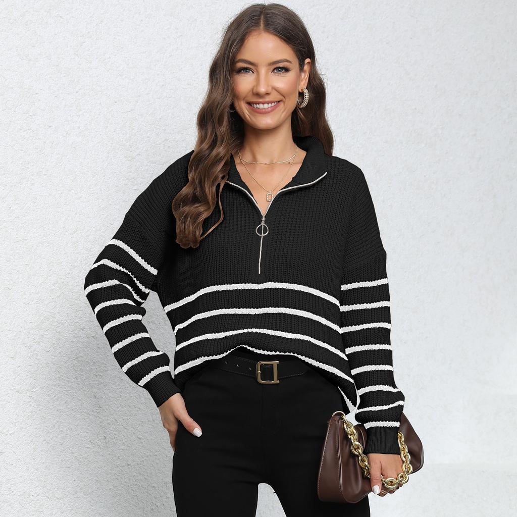 Women's pullover sweater European and American women's clothing knitted striped splicing semi-turtleneck zipper loose woven sweater top