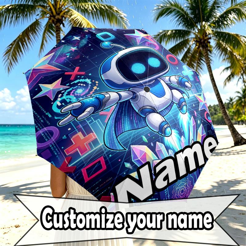 Custom Name Personalized Cosmic Bot Crew Print Umbrella, Auto Open Close, 8‑Rib Sturdy Frame, Commute Camping Hiking Use, Birthday Gift