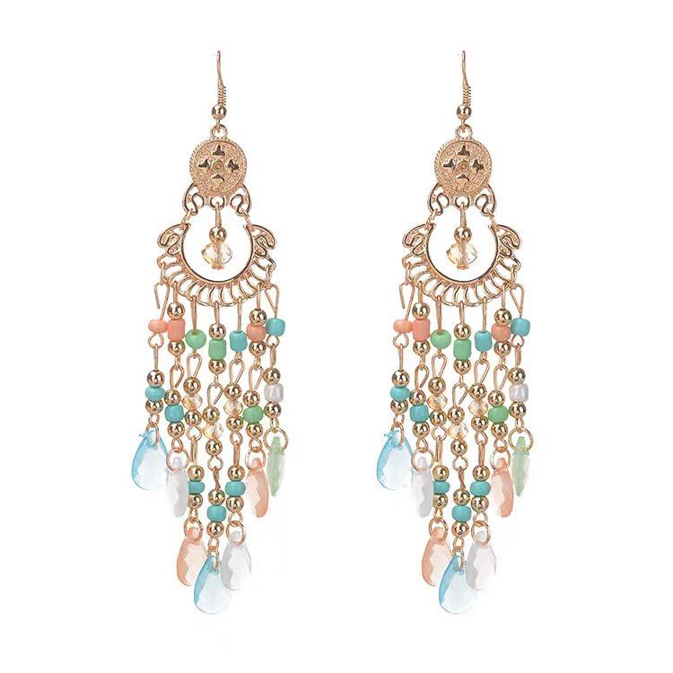 Bohemian Crystal Tassel Earrings - Ethnic Style, Slim Face, Exaggerated Design for Travel