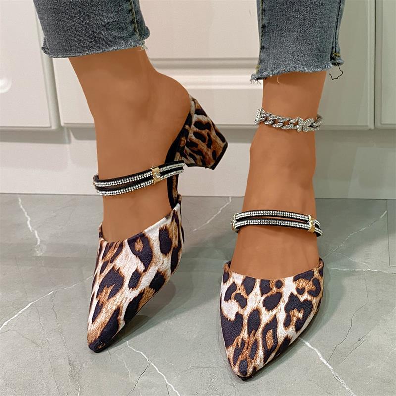 Fashion Baotou High-heeled Sandals for Women 2025 Summer New Style, Leopard Print Two-wear Pointed-toe Thick-heeled Slippers for Women