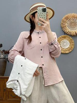 Women's Double-Layer Cotton Yarn Long-Sleeve Shirt with Lace Collar - Spring/Autumn 2026 Collection, Loose and Casual Style