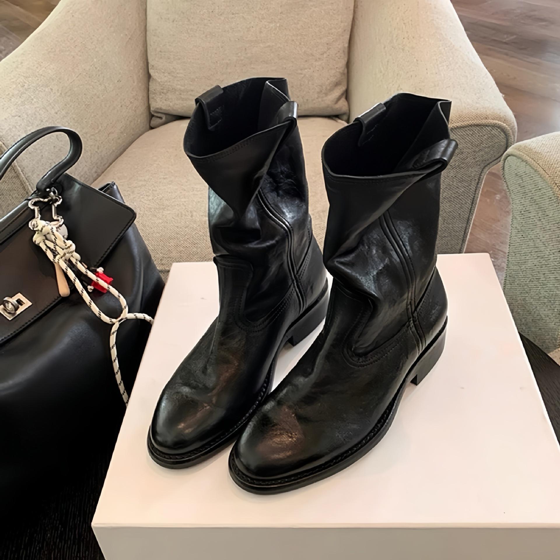 

Washed cowhide~ Su Yinyin s same leather retro V-mouth western boots thick heel short boots women s mid-tube desert boots 35