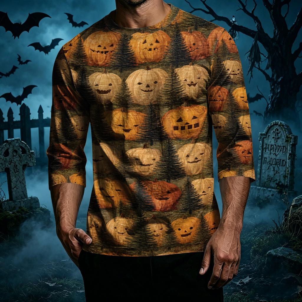 Men's Halloween Print Casual T Shirt 3 4 Sleeve Crew Neck Top Lightweight Comfortable Fit Seasonal Graphic Tee