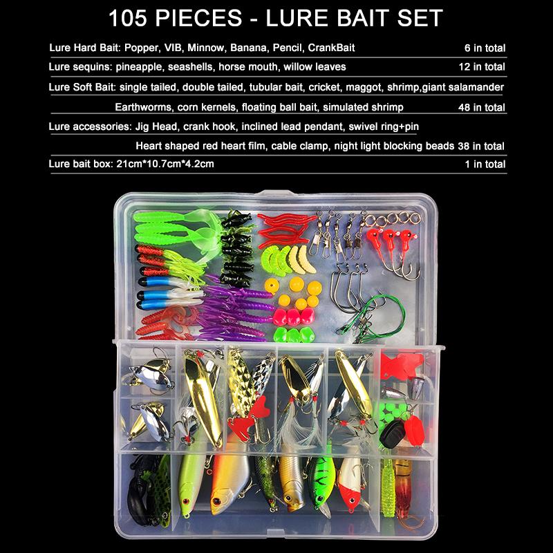 Scatola Set Attrezzatura Esche da Pesca 105 Pezzi Acqua Salata Morbide Dure Silicone Esche Artificiali Ami Esca da Pesca Crankbait Spinner Affondante