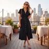 Vestido Largo Estilo Vintage para Mujer con Botones Delanteros, Manga Corta, Cuello, Casual, Maxi Vestido con Diseño Occidental y Detalle de Bolsillo