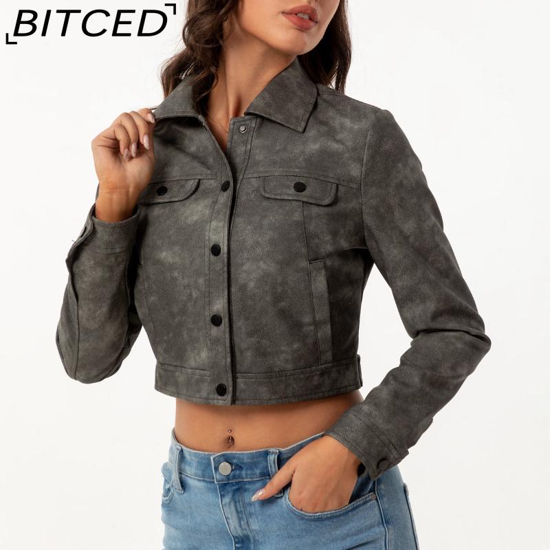 BITCED Spring/Autumn Lightweight Leather Jacket for Women Multi-Pocket Cardigan Style Casual Jacket Fashionable Trendy Everyday Outerwear
